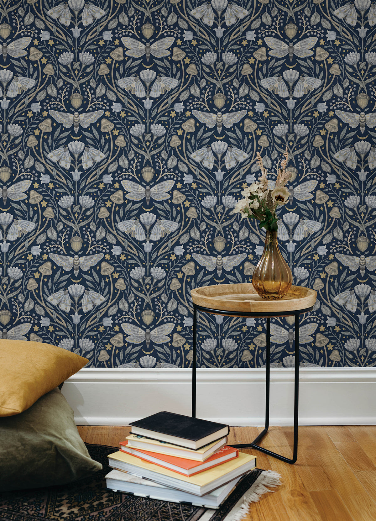 Mystic Moth Navy by Chesapeake Forest Magic Moth Floral and Acorn Woodland Damask Wallpaper – Brewster Home Fashions 4169-83118-Sample