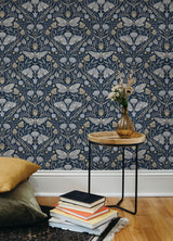 Mystic Moth Navy by Chesapeake Forest Magic Moth Floral and Acorn Woodland Damask Wallpaper – Brewster Home Fashions 4169-83118-Sample