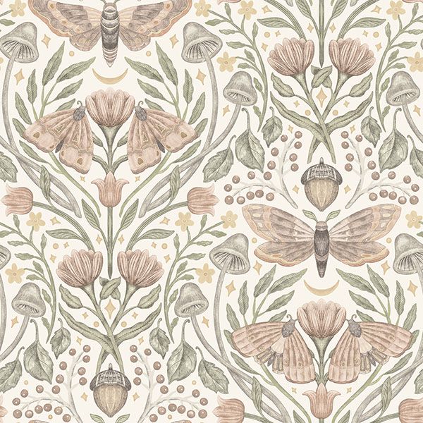 Chesapeake Mystic Moth Blush Forest Magic wallpaper pattern with moths, flowers, mushrooms and acorns in blush, sage and soft neutrals.