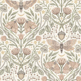 Chesapeake Mystic Moth Blush Forest Magic wallpaper pattern with moths, flowers, mushrooms and acorns in blush, sage and soft neutrals.