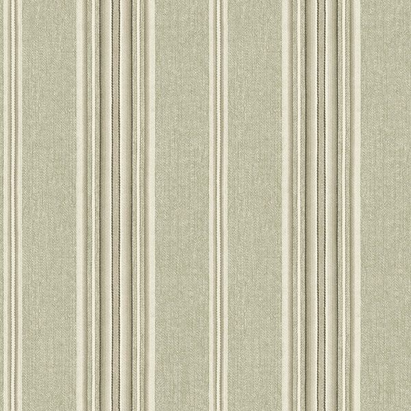 Chesapeake Calvados Moss Linen Stripe Wallpaper sample showing moss green linen texture with vertical cream and taupe stripes.