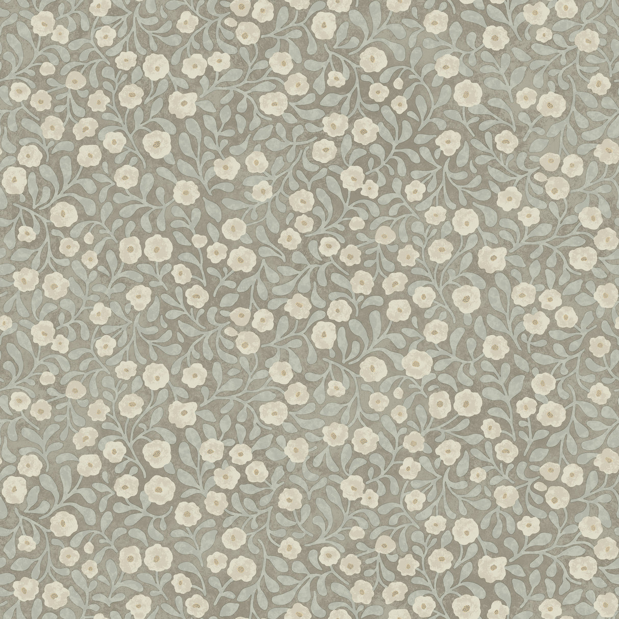 Chesapeake Poppy Trail Aqua Floral Wallpaper roll with cream poppies and aqua leaves on grey ground