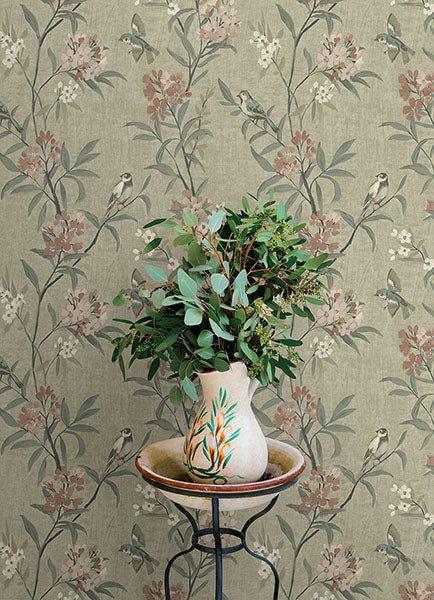 Tea Olive Green by Chesapeake Finch Frolic Birds Wallpaper – Brewster 4169-83138