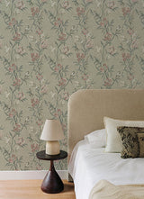 Tea Olive Green by Chesapeake Finch Frolic Birds Wallpaper – Brewster 4169-83138