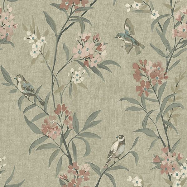 Tea Olive Green Finch Frolic Birds Wallpaper by Chesapeake – Brewster 4169-83138