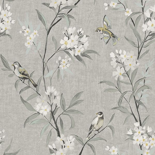 Tea Olive Gray Finch Frolic Wallpaper by Chesapeake – room scene