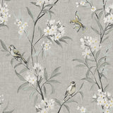 Tea Olive Gray Finch Frolic Wallpaper by Chesapeake – room scene