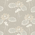 HAGA wallpaper in stone colorway by Boråstapeter for Schumacher, featuring floating water lilies and curvilinear leaves in an Art Nouveau style.