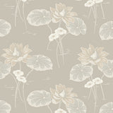 HAGA wallpaper in stone colorway by Boråstapeter for Schumacher, featuring floating water lilies and curvilinear leaves in an Art Nouveau style.