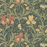 A-Street Prints Iris Navy Wild Gardens Wallpaper with stylized irises, marigolds, and birds on a navy ground