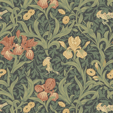 A-Street Prints Iris Navy Wild Gardens Wallpaper with stylized irises, marigolds, and birds on a navy ground