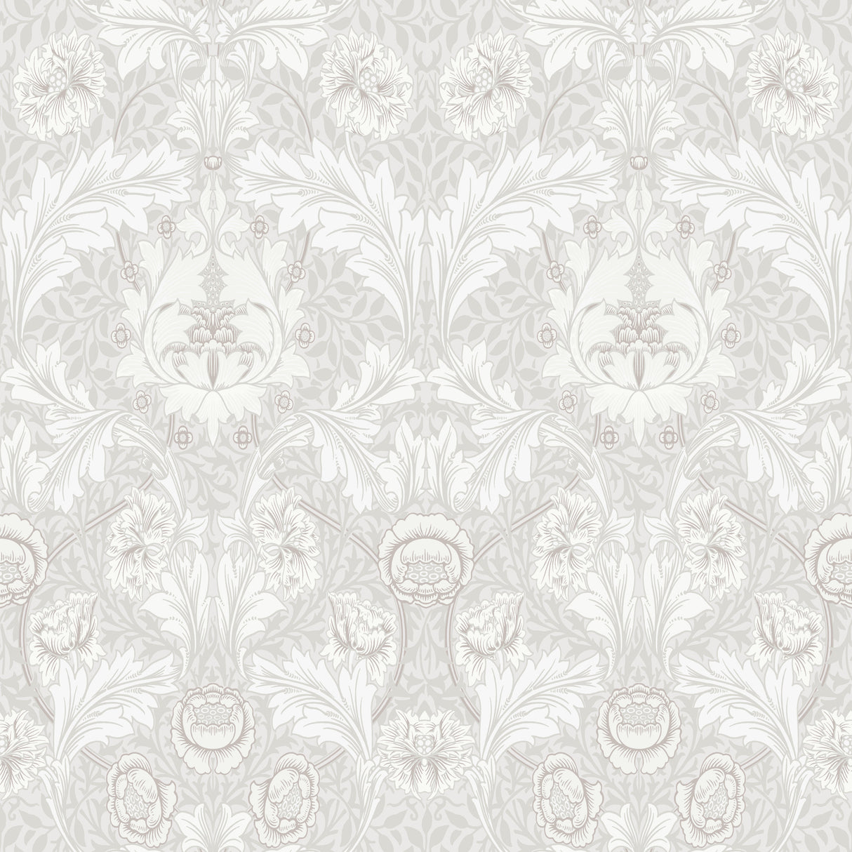 Myrtle Dove Floral Ogee Wallpaper pattern in whites and soft greys
