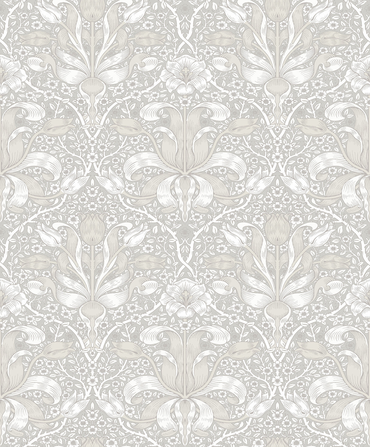 Spring Thicket Dove tulip damask wallpaper in grey by A-Street Prints, 20.9 in x 33 ft roll