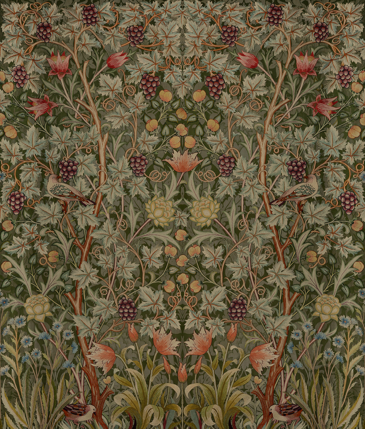 Vine Embroidery Dark Green wall mural with fruiting vines and symmetrical foliage in six panels