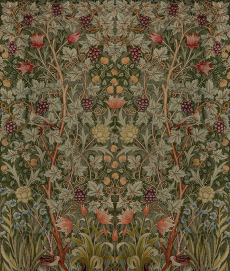 Vine Embroidery Dark Green wall mural with fruiting vines and symmetrical foliage in six panels