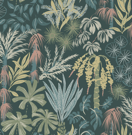 Everglades Dark Green botanical wallpaper roll with tropical palm design