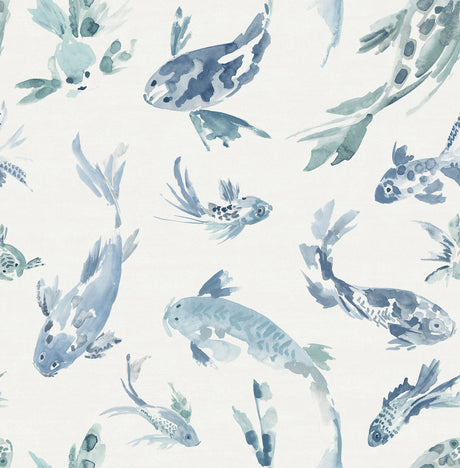 Koi Blue Fish wallpaper in blue by A-Street Prints, watercolor fish motif