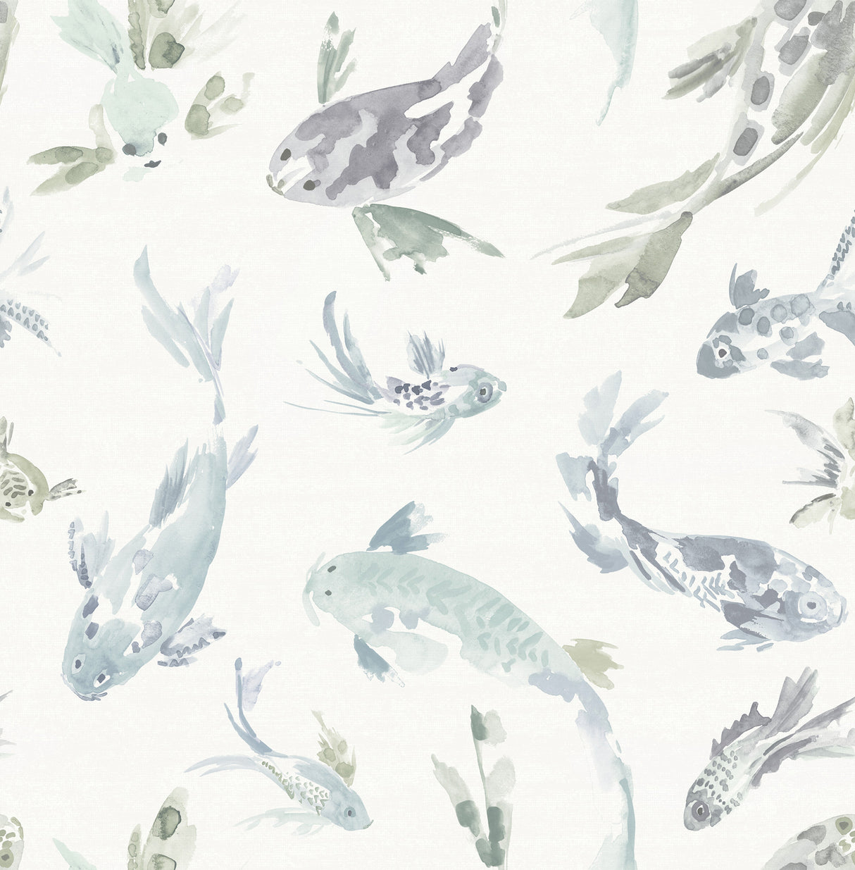 A-Street Prints Koi Seafoam Fish Wallpaper pattern in teal and grey watercolor koi