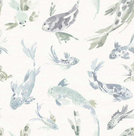 A-Street Prints Koi Seafoam Fish Wallpaper pattern in teal and grey watercolor koi