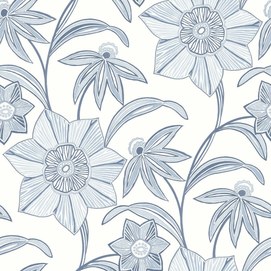 A‑Street Prints Star Flower Blue Floral Trail Wallpaper, blue linework flowers on white background, 20.5 in x 33 ft roll
