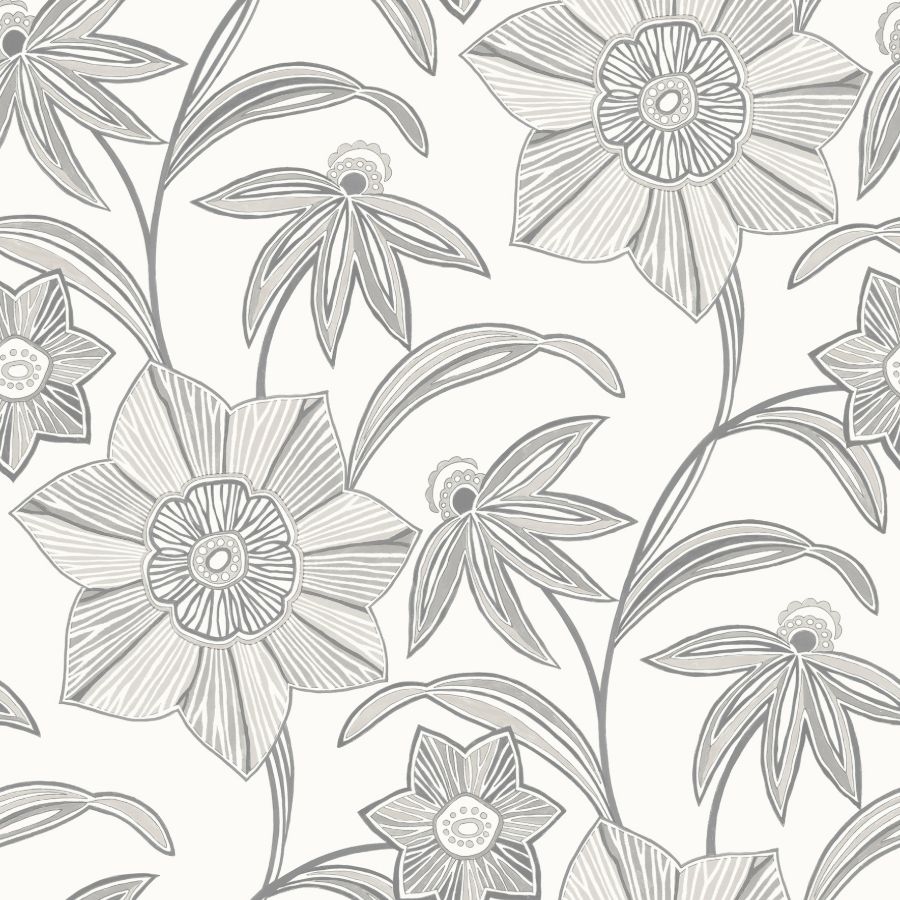 A-Street Prints Star Flower Charcoal Floral Trail Wallpaper roll sample showing grey floral vines on white
