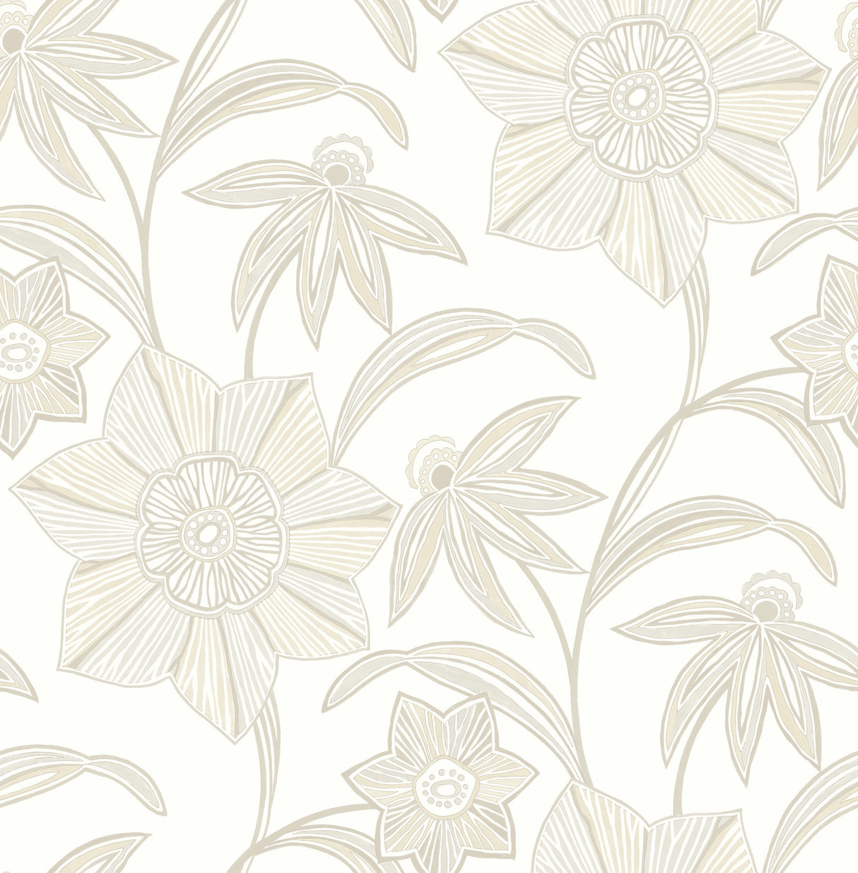 Star Flower beige floral trail wallpaper with modern linework blossoms on white.
