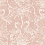 Biscayne Coral Flamingo Beach Wallpaper by A‑Street Prints showing blush coral ground with white flamingos and palm motifs.