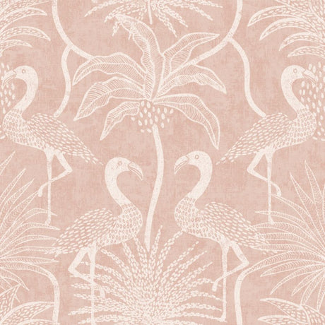Biscayne Coral Flamingo Beach Wallpaper by A‑Street Prints showing blush coral ground with white flamingos and palm motifs.