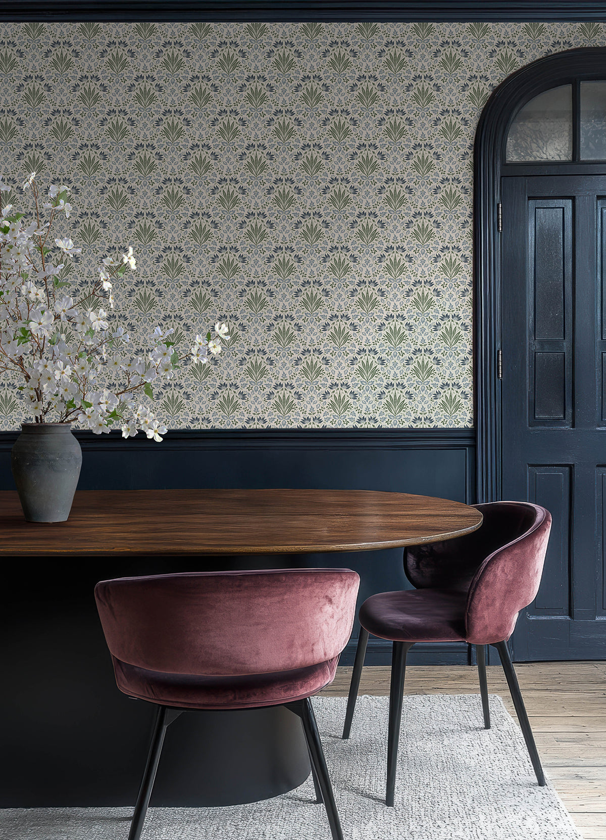 Woodbury Blue by Chris Loves Julia Arts and Crafts Washable Strippable Unpasted Non Woven Floral Damask Wallpaper - A-Street Prints 4173-27632-Sample