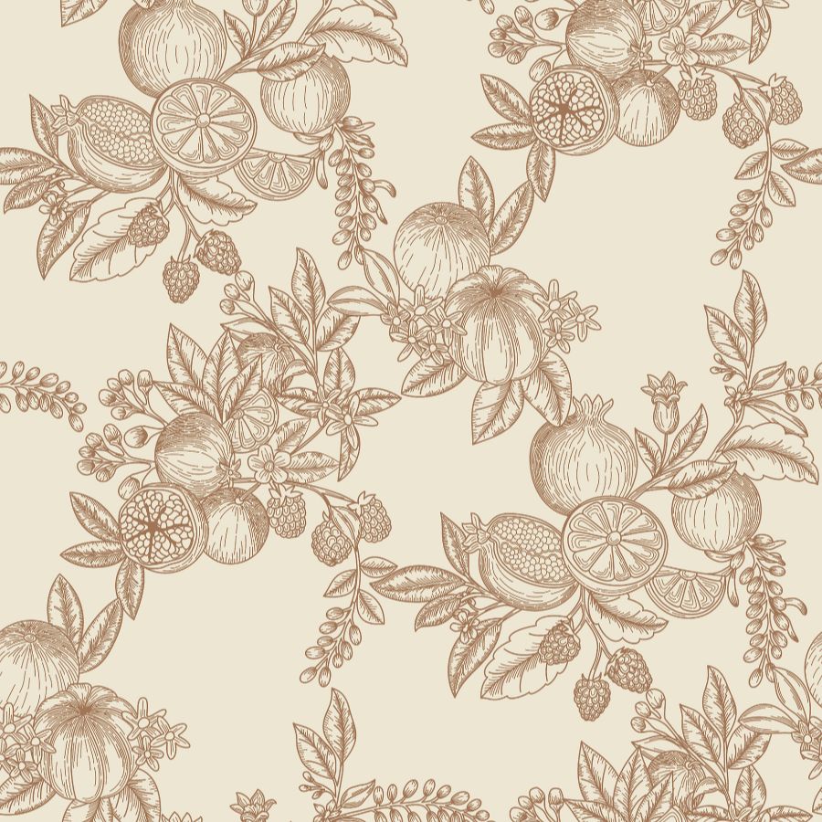 Gerty Copper Fruit Toile wallpaper with copper botanical linework on cream.