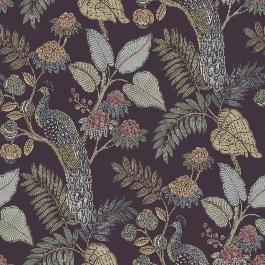 Geneva Plum Peacock Paradise wallpaper by A-Street Prints featuring peacocks and tropical foliage in a plum palette