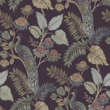 Geneva Plum Peacock Paradise wallpaper by A-Street Prints featuring peacocks and tropical foliage in a plum palette