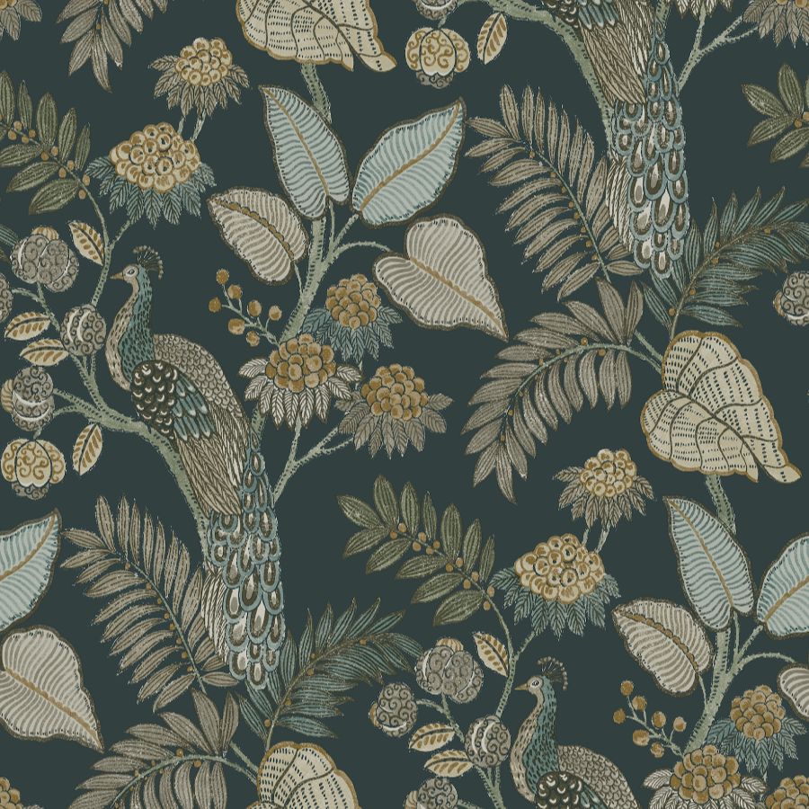Geneva Sea Green Peacock Paradise wallpaper with peacocks and tropical foliage in teal, green, and taupe.