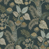 Geneva Sea Green Peacock Paradise wallpaper with peacocks and tropical foliage in teal, green, and taupe.