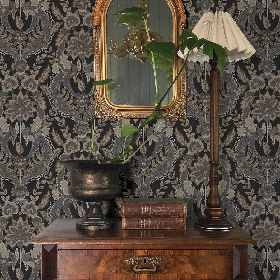Collins Charcoal by Chris Loves Julia Damask Wallpaper – A-Street Prints 4173-27654