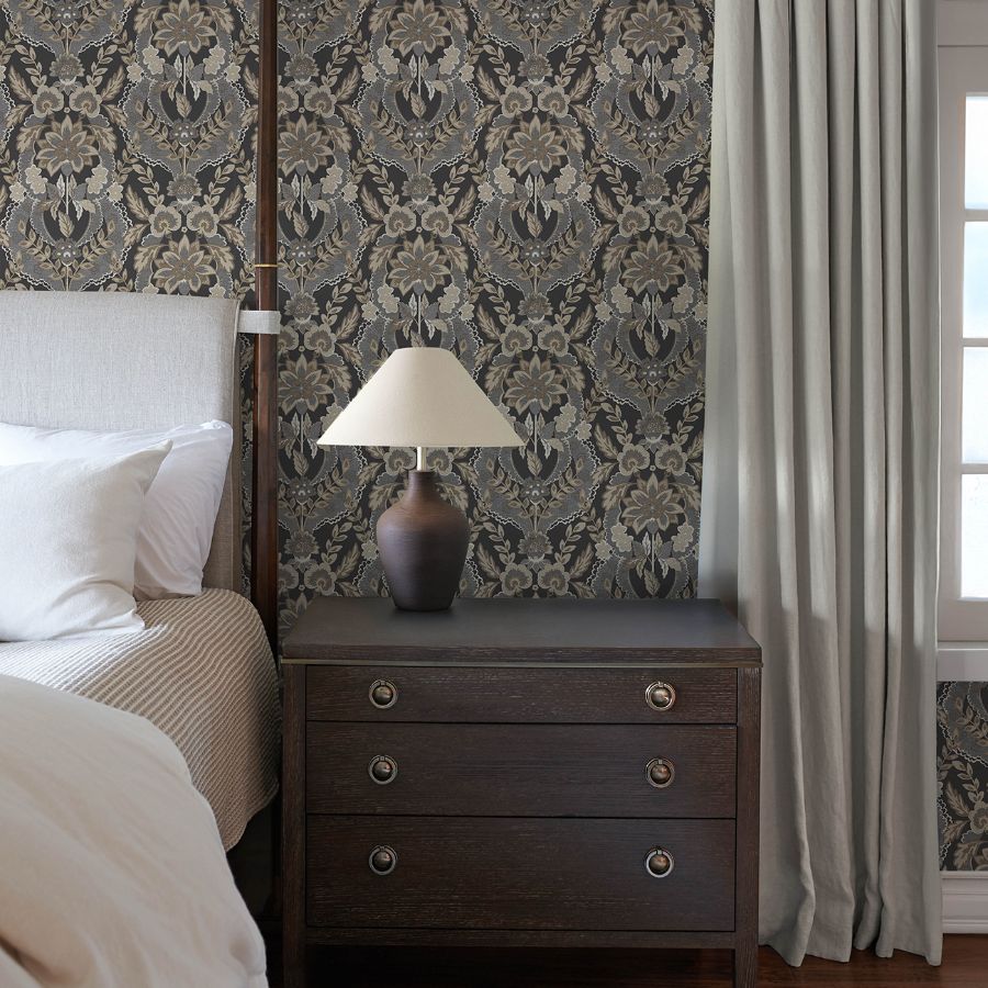 Collins Charcoal by Chris Loves Julia Damask Wallpaper – A-Street Prints 4173-27654