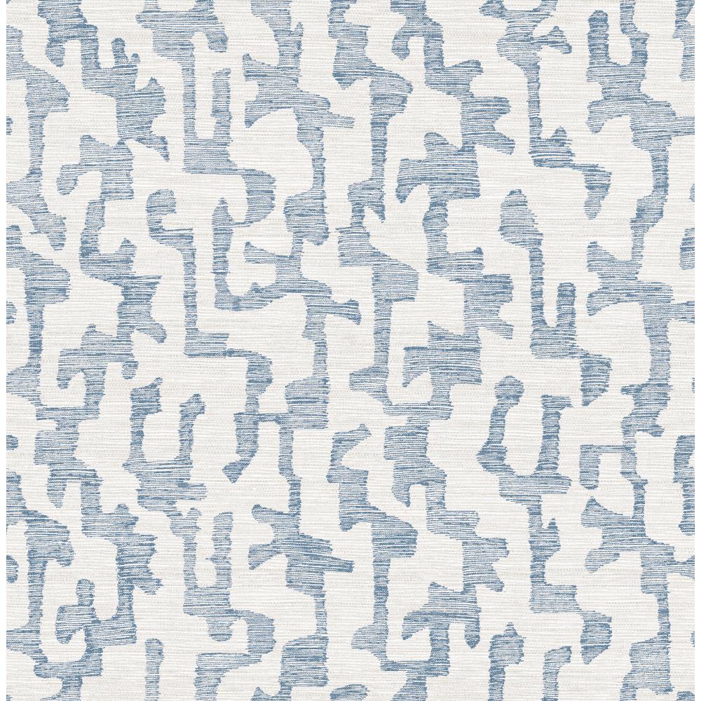 Cipher Blue Geometric Faux Grasscloth Wallpaper roll showing blue abstract maze-like shapes on light grey ground