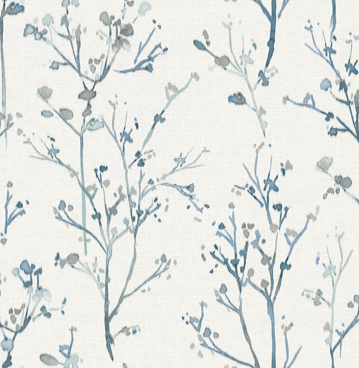 A-Street Prints Silverling Blue Budding Branches Wallpaper roll showing blue watercolor branches on cream background