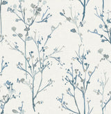 A-Street Prints Silverling Blue Budding Branches Wallpaper roll showing blue watercolor branches on cream background
