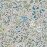 Flora wallpaper by Boråstapeter for Schumacher, featuring a lively allover wildflower pattern in grey and multicolor.