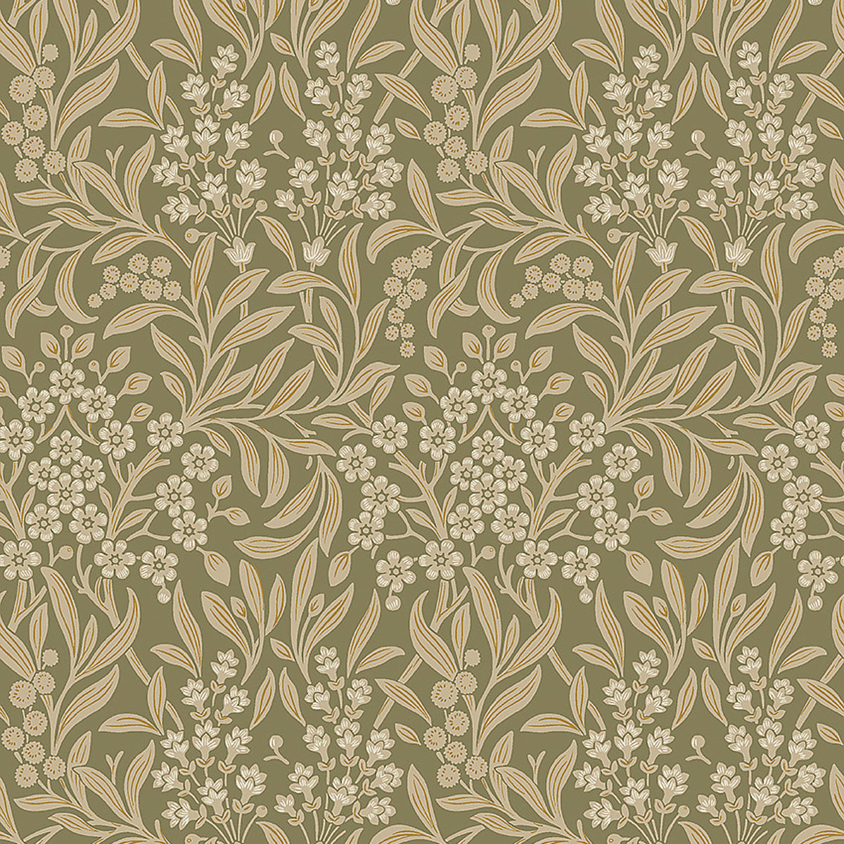KRYDDHYLLAN Leaf by Boråstapeter, a botanical wallpaper with stylized flowers and foliage in green and cream tones.