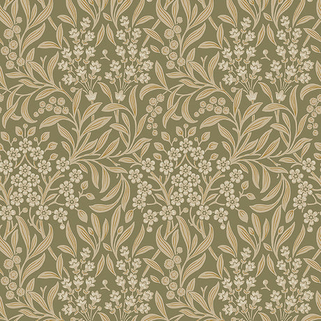 KRYDDHYLLAN Leaf by Boråstapeter, a botanical wallpaper with stylized flowers and foliage in green and cream tones.