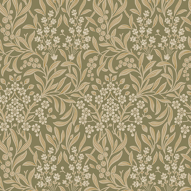 KRYDDHYLLAN Leaf by Boråstapeter, a botanical wallpaper with stylized flowers and foliage in green and cream tones.
