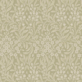 KRYDDHYLLAN sage botanical wallpaper by Boråstapeter for Schumacher, featuring a dense floral and foliage pattern in green tones.