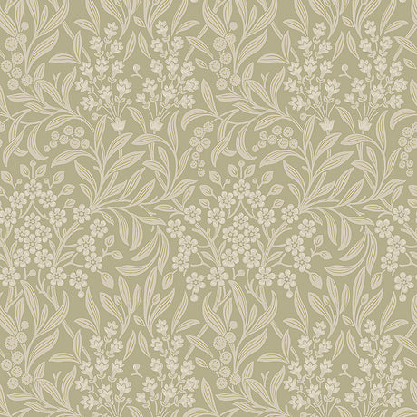 KRYDDHYLLAN sage botanical wallpaper by Boråstapeter for Schumacher, featuring a dense floral and foliage pattern in green tones.