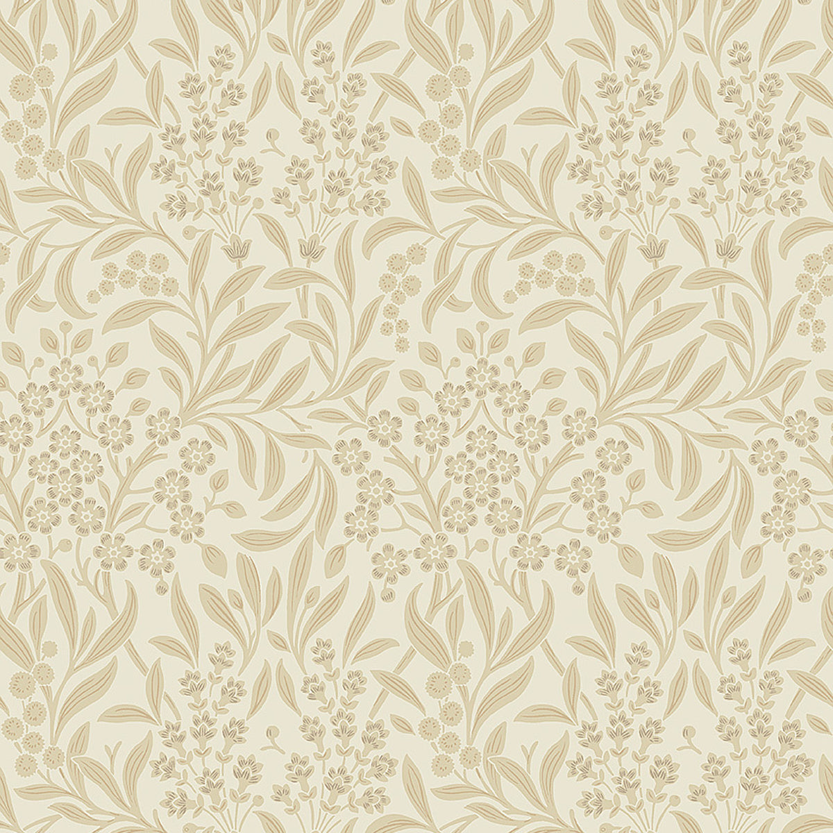 KRYDDHYLLAN Ivory botanical wallpaper by Boråstapeter for Schumacher, featuring a dense floral and foliage Arts and Crafts pattern.