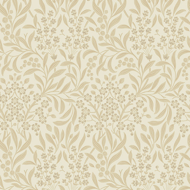 KRYDDHYLLAN Ivory botanical wallpaper by Boråstapeter for Schumacher, featuring a dense floral and foliage Arts and Crafts pattern.