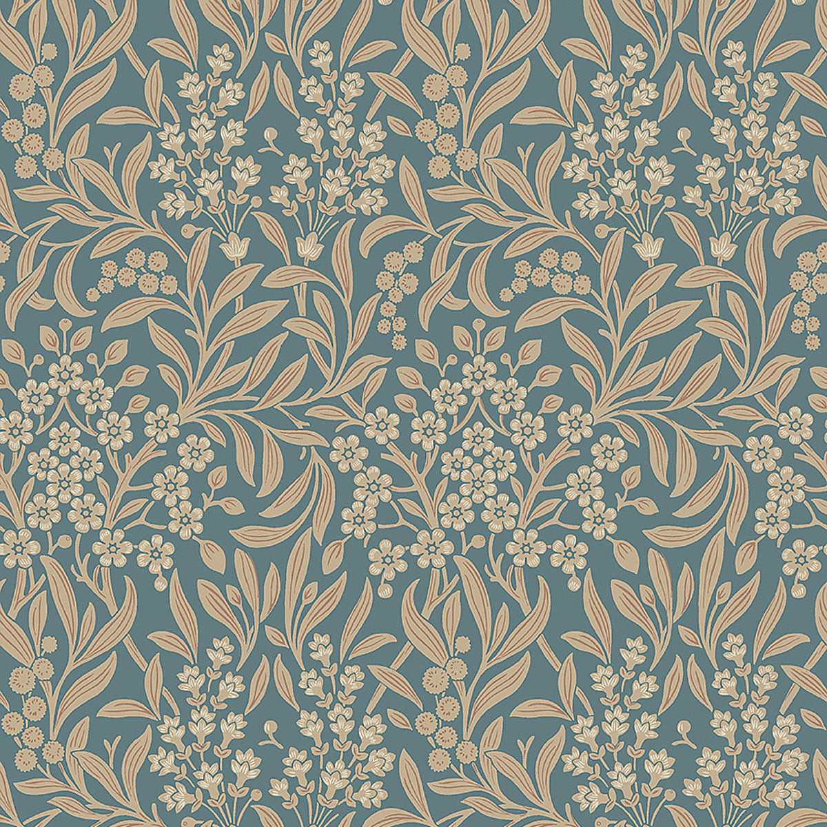 KRYDDHYLLAN wallpaper in mineral by Boråstapeter for Schumacher, featuring a dense botanical Arts and Crafts pattern in blue and beige.