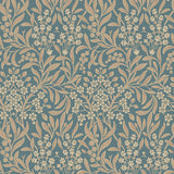 KRYDDHYLLAN wallpaper in mineral by Boråstapeter for Schumacher, featuring a dense botanical Arts and Crafts pattern in blue and beige.