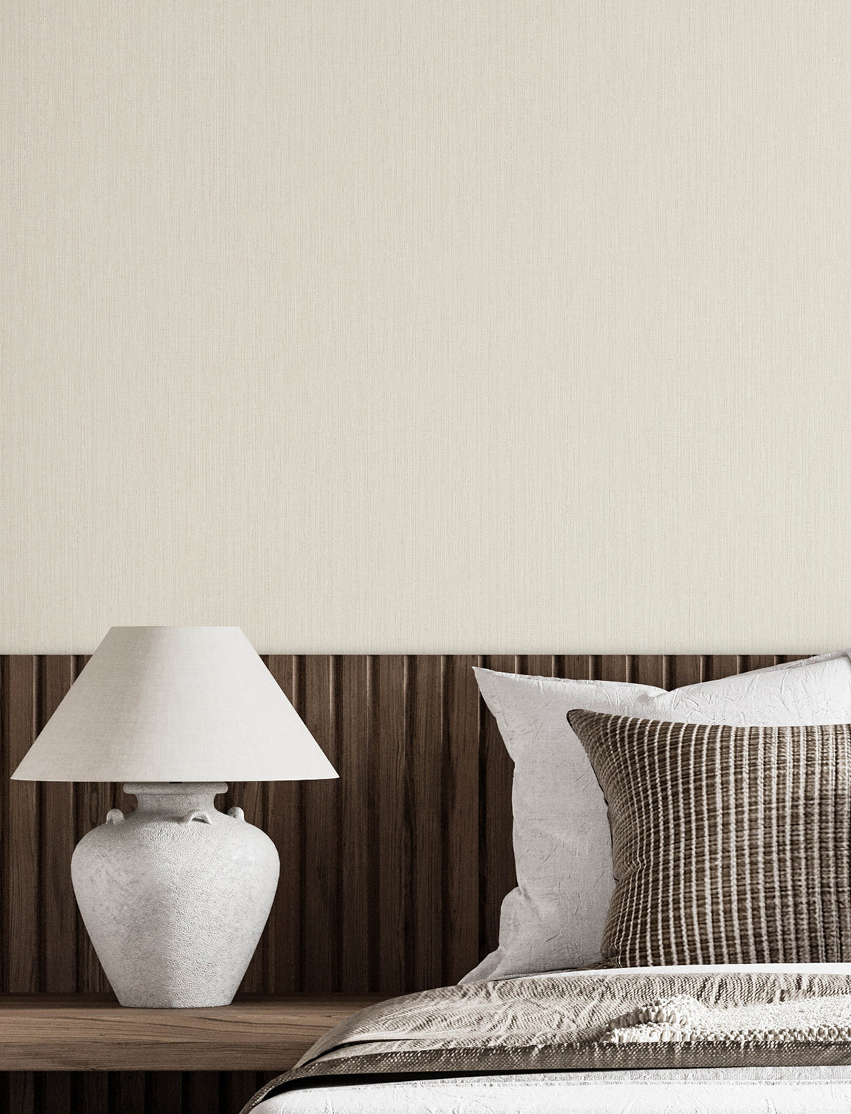 Elijah Cream and Pale Grey Vertical Striations Texture Non Woven Unpasted Strippable Wallpaper by Chesapeake Kitchen & Bath Collection - 4191-83005